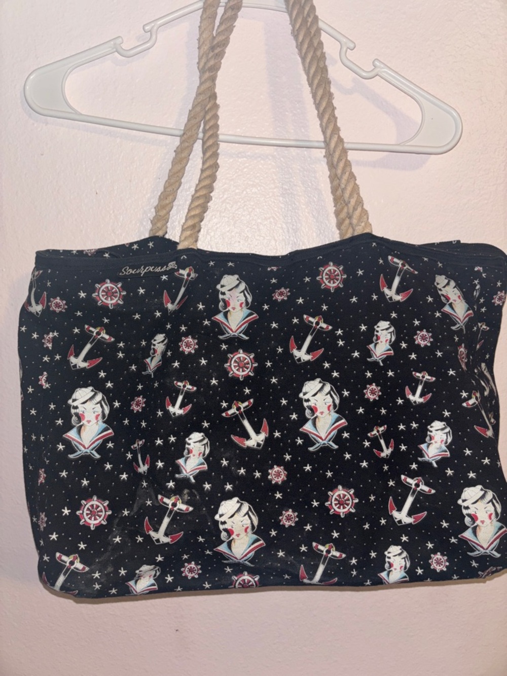 Sourpuss Nautical Print Rope-Handle Tote Bag 15x11x6”